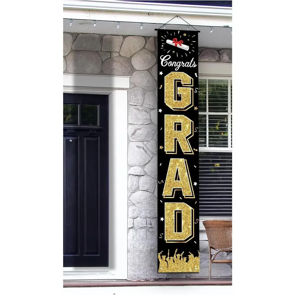 Congrats Grad Vertical Banner Gold Hanging Porch Or Wall Signage 72 in ×12 in